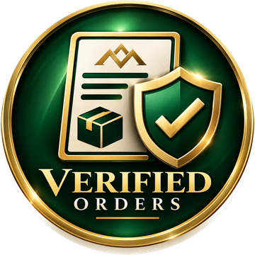 Verified orders badge - gold shield with a check mark over an order document