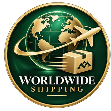 Worldwide shipping badge - gold globe, aircraft and parcel