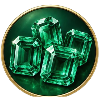 Group of faceted emeralds in a gold-rimmed badge