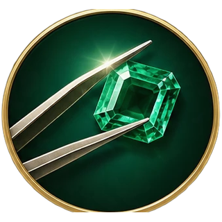 Tweezers holding an emerald in a gold-rimmed badge