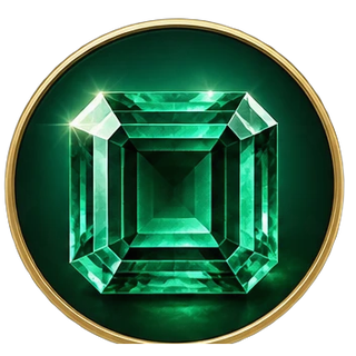 Faceted emerald gemstone in a gold-rimmed badge