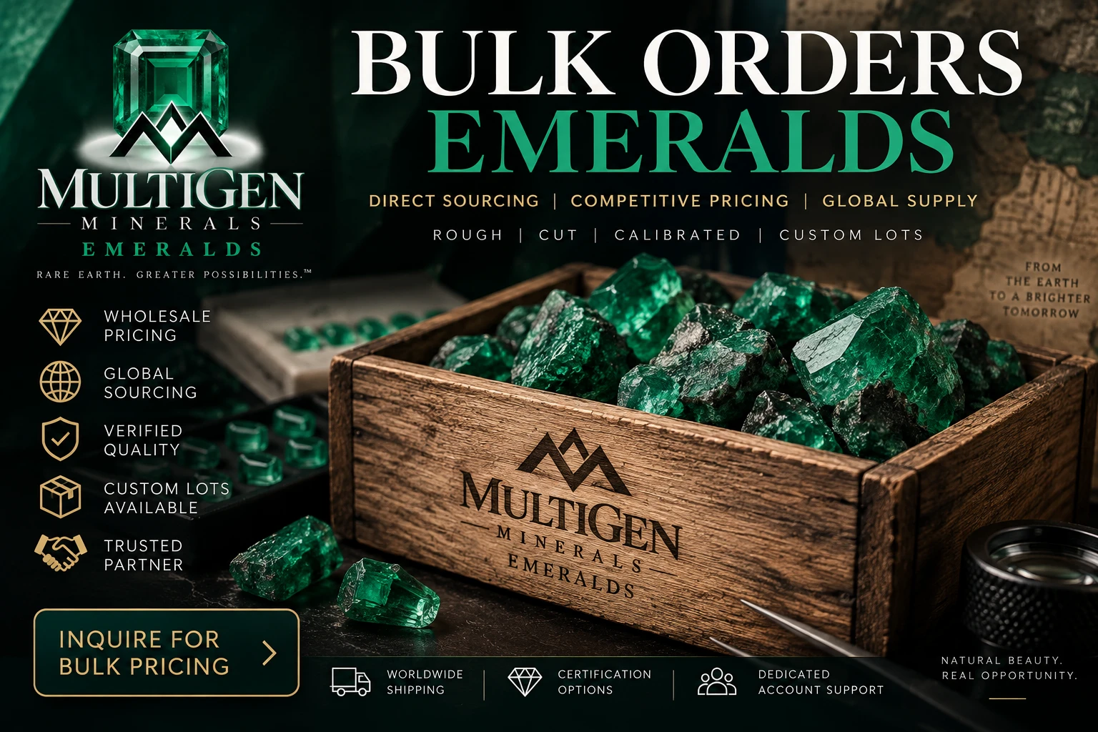 MultiGen Minerals Emeralds bulk orders — crate of rough Colombian emerald crystals with loose cut stones and a loupe. Direct sourcing, wholesale pricing, rough, cut, calibrated and custom lots.